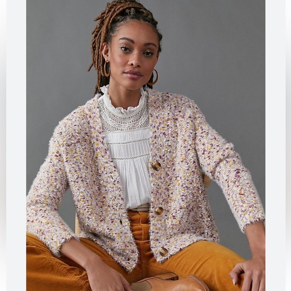 Anthropology Callahan knits wear mustard yellow cozy purple cardigan siz…